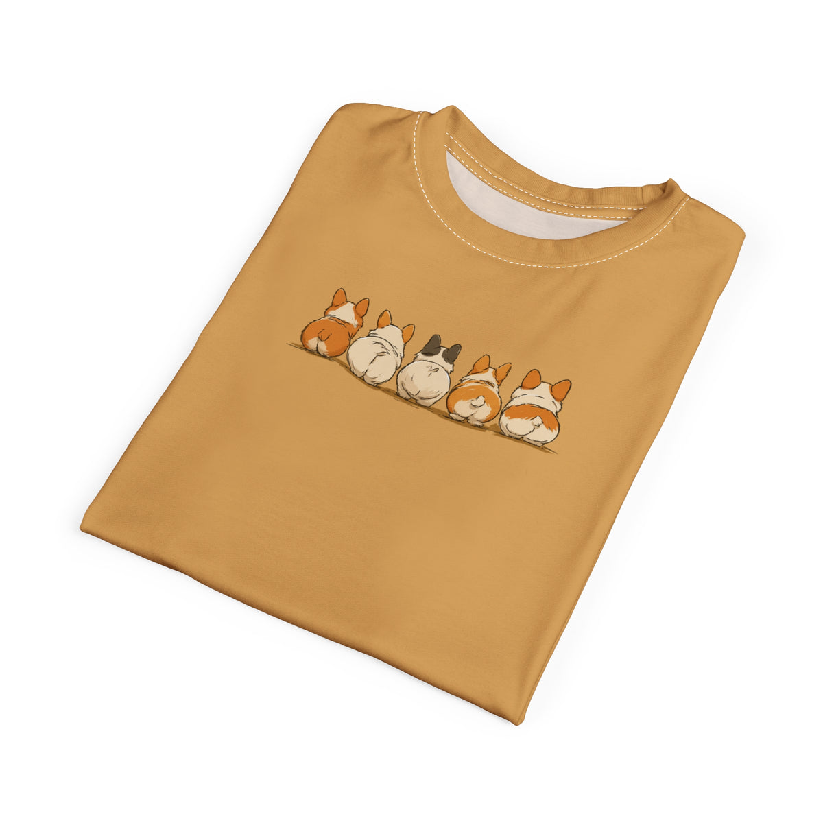The Bottom Line Unisex Bold Designer Tee — Corgi Fanny Formation on Toasted Amber