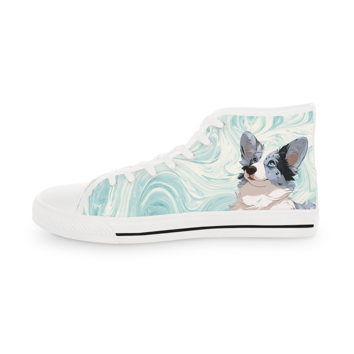 Blue Merle Majesty Men's High-Top Sneakers - Cool Blue Corgi on Swirling Aqua & Alabaster Cream Canvas