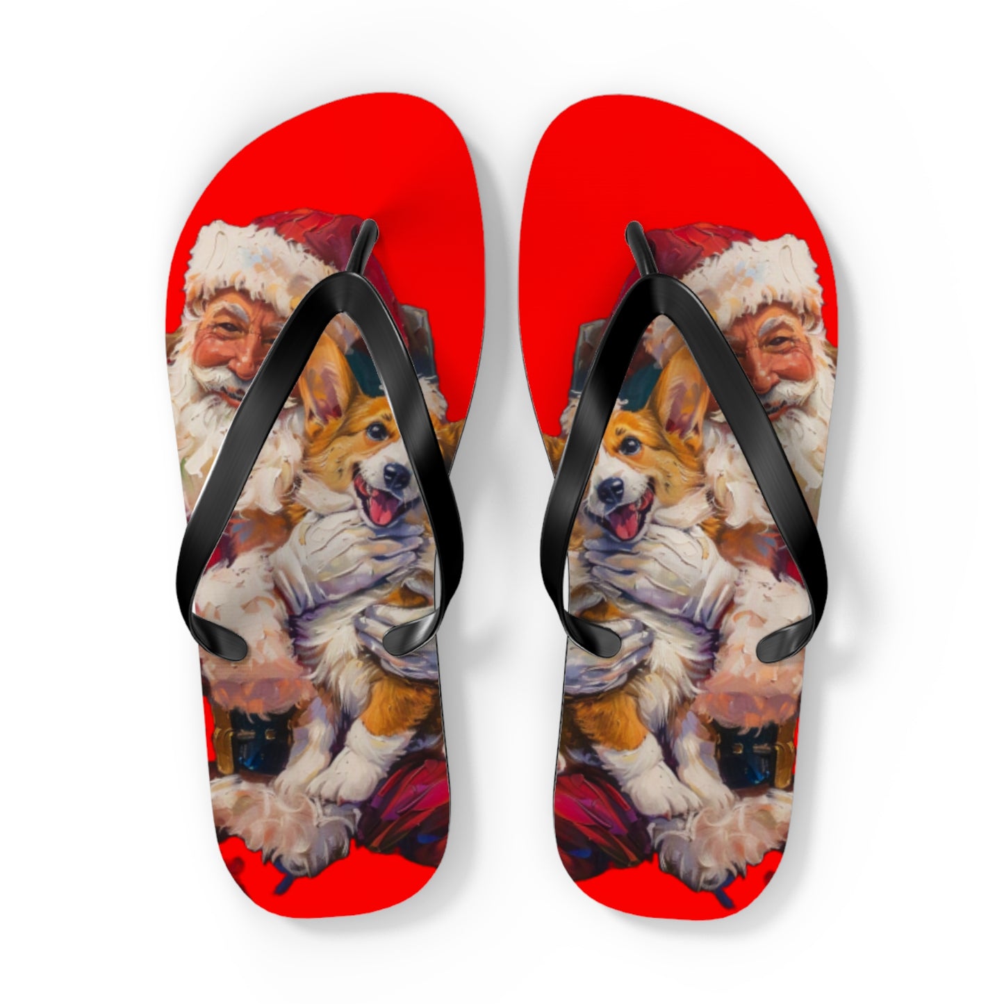 Christmas Corgi on Santa's Lap Custom Artistic Unisex Flip Flops – Festive Holiday Sandals