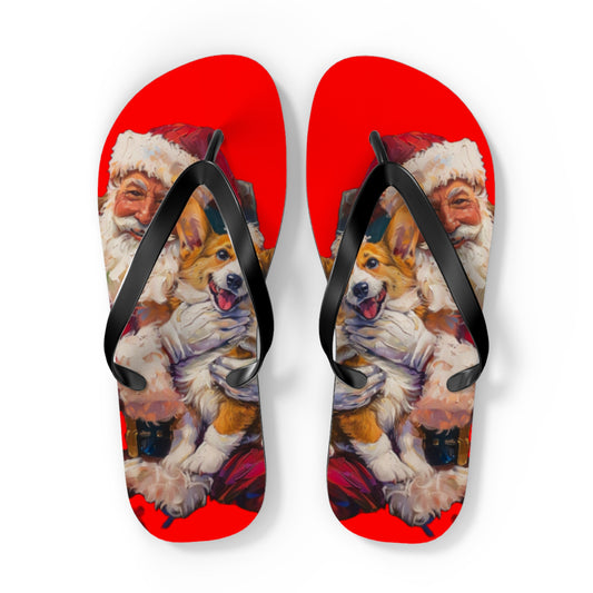 Christmas Corgi on Santa's Lap Custom Artistic Unisex Flip Flops – Festive Holiday Sandals