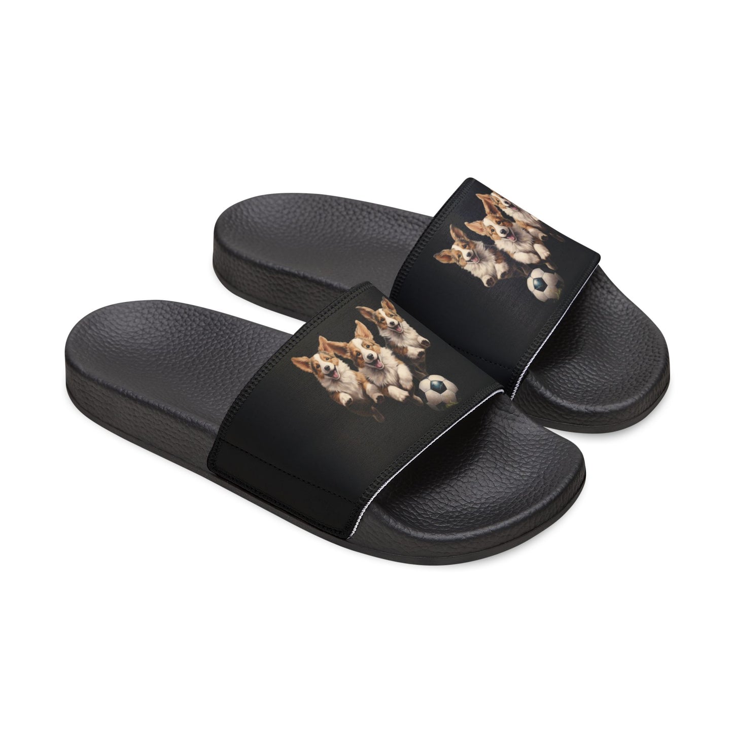 Corgi Puppies Pouncing on the Pitch Men's Black Slide Sandals - Casual Pool & Beach Slides