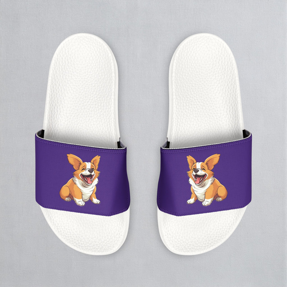 Jolly Jiggling Animated Corgi Men's Purple Slide Sandals - Casual Pool & Beach Slides