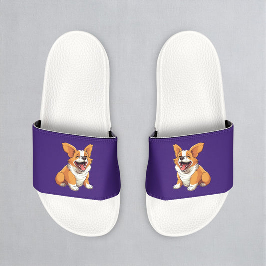Jolly Jiggling Animated Corgi Men's Purple Slide Sandals - Casual Pool & Beach Slides