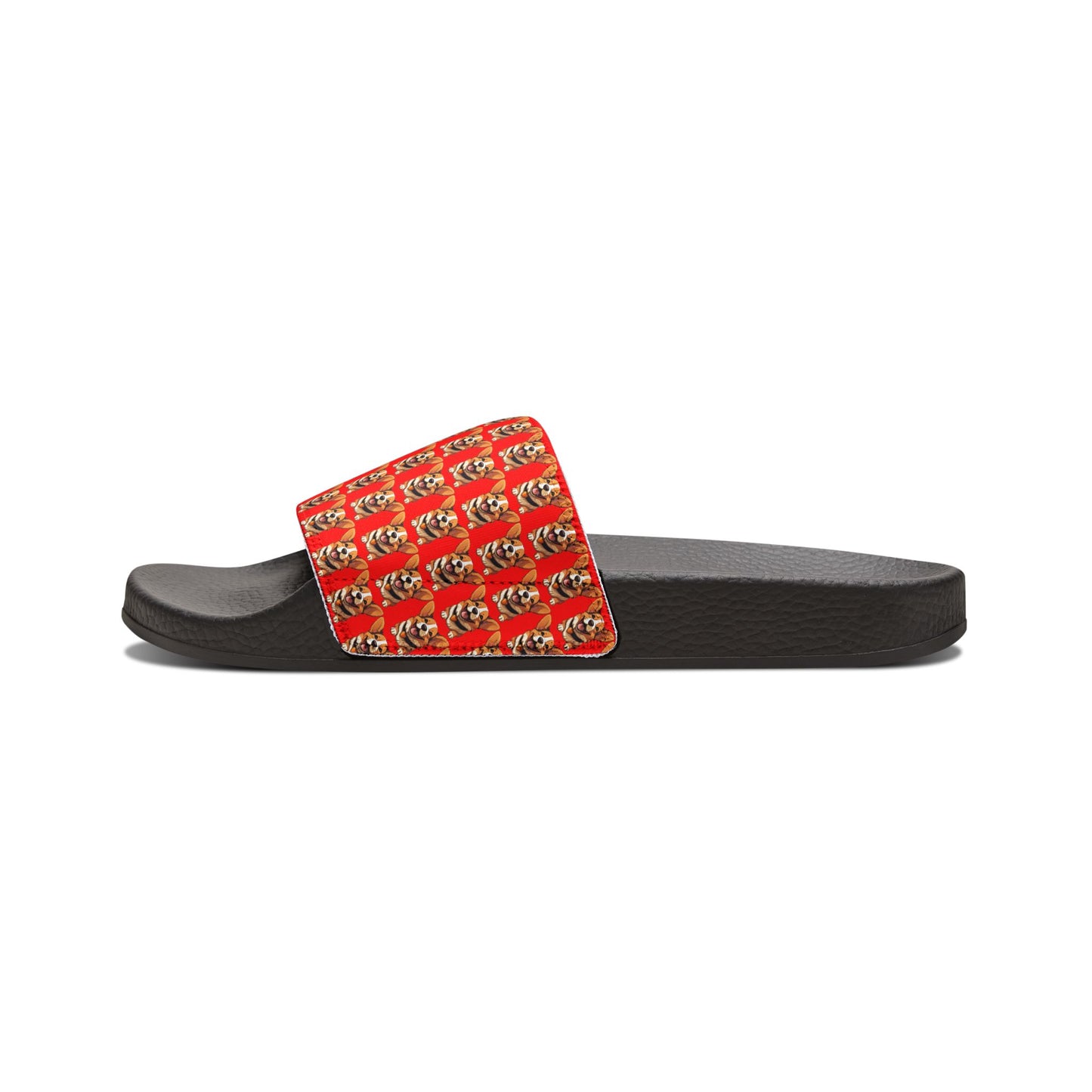 Puppy Love Smiling Corgi Mosaic Men's Red & Black Slide Sandals - Casual Pool & Beach Slides