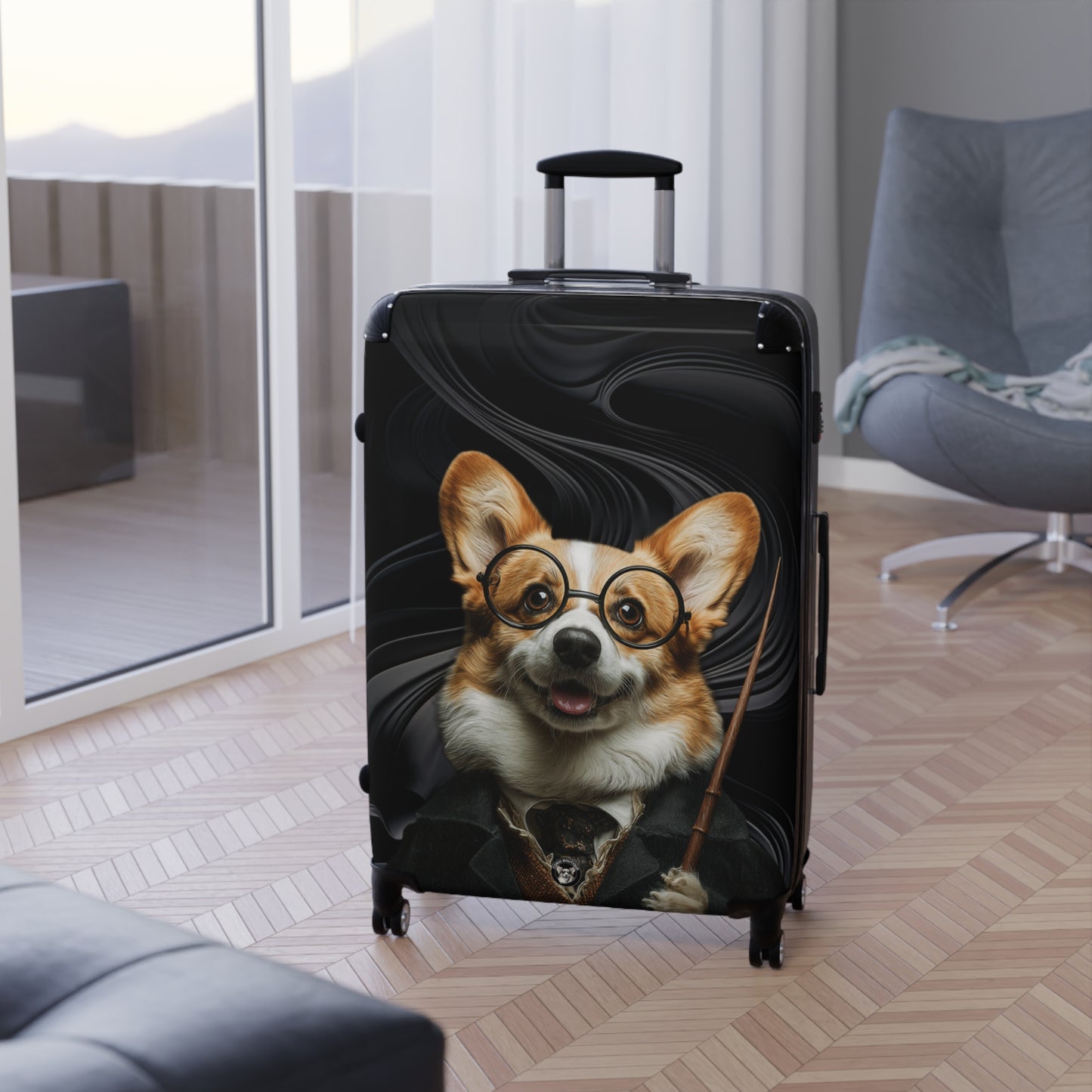 Corgi Potter Magic Wand Suitcases – Wizard Theme Swirling Black Rolling Luggage