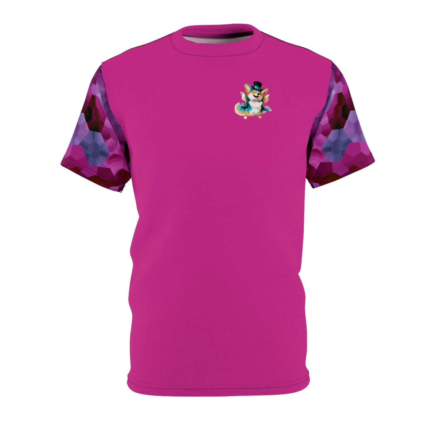 Party Pup Artistic Corgi Fuchsia Bold Fashion Tee with Colorful Geometric Sleeves — Cute Corgi Illustration