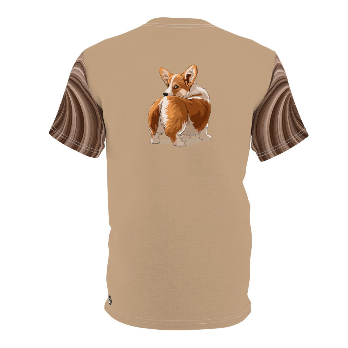 Butt What? Talk To The Butt Contemptuous Corgi Unisex Bold Designer Tee — Pembroke Pup on Latte Cream with Espresso Swirl Sleeves