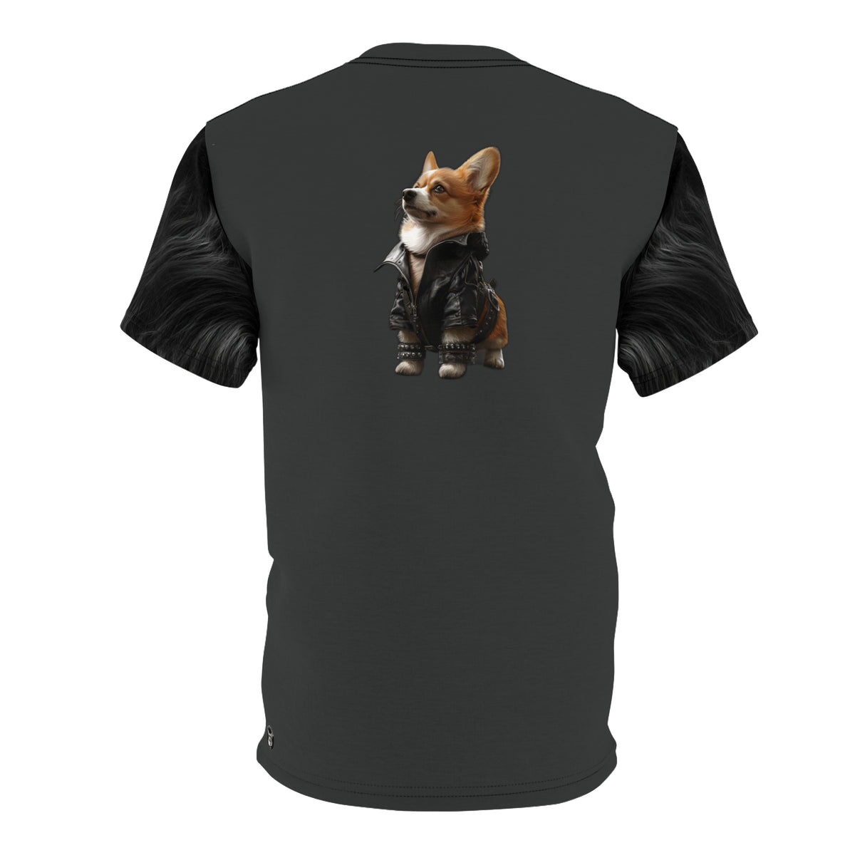 Leader of the Pack Unisex Bold Designer Tee — Bad to the Dog Bone Corgi on Charred Slate with Phantom Black Flowing Mane Sleeves