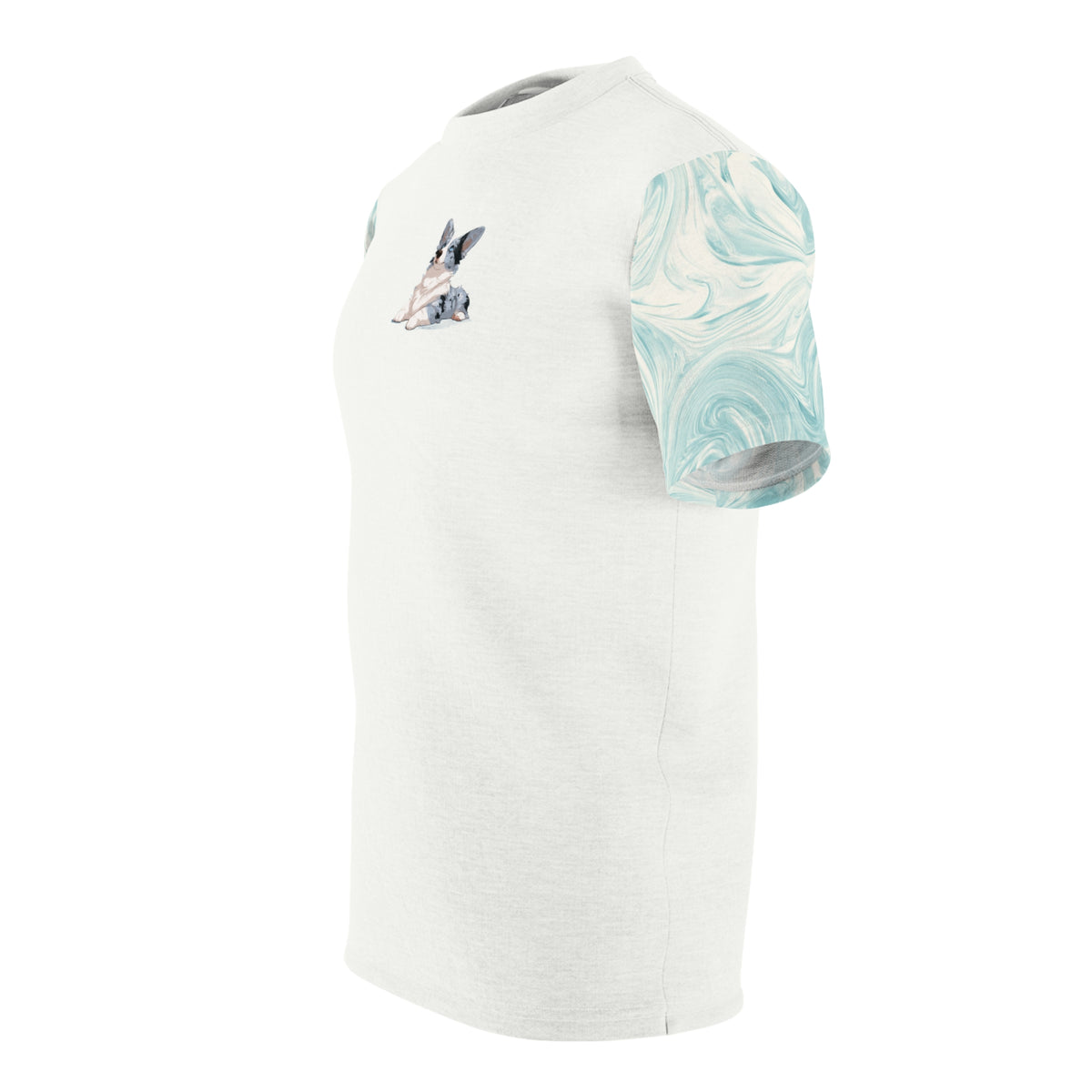 Blue Merle Majesty Unisex Bold Fashion Tee - Alabaster Cream Corgi Shirt with Swirling Aqua Sleeves