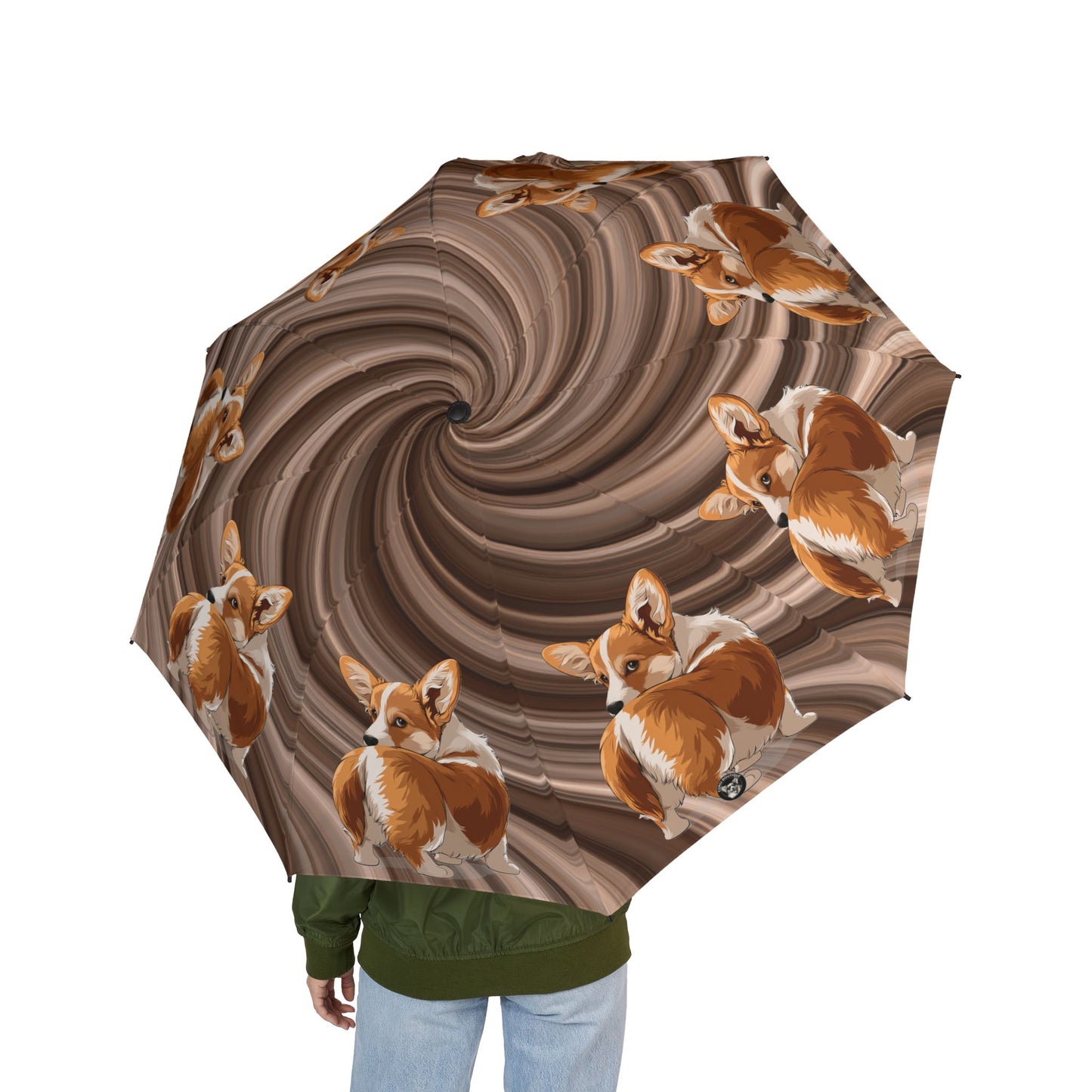 Butt What? Talk To The Butt Contemptuous Corgi Foldable Umbrella — Swirling Brown Compact Rain Shield