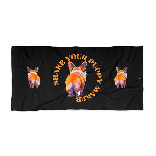 Shake Your Puppy Maker Beach Towel - Funny Black Corgi Pool Wrap