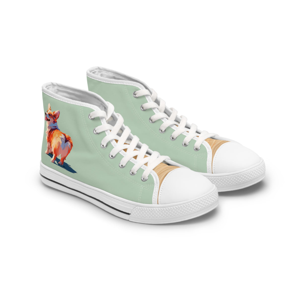 Corgi Classico Women's High-Top Sneakers - Watercolor Wiggler on Momo Mint Canvas with Flaxen Fawn Fur-Effect Tongues