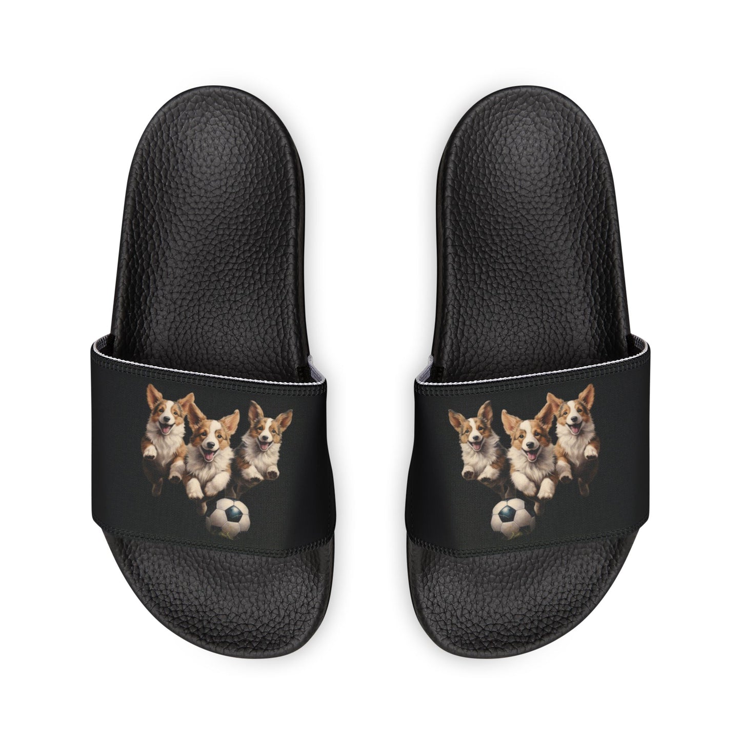 Corgi Puppies Pouncing on the Pitch Women's Casual Black Slide Sandals - Pool & Beach Slides