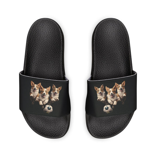 Corgi Puppies Pouncing on the Pitch Women's Casual Black Slide Sandals - Pool & Beach Slides