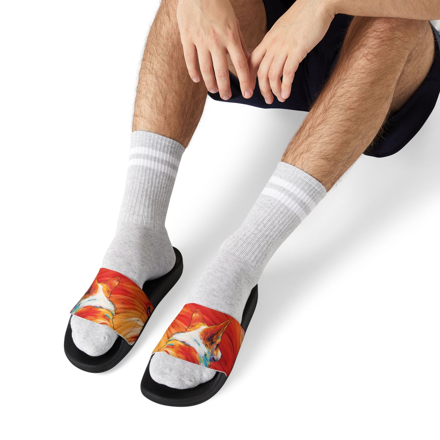 Peekaboo Corgi Vibrant Artistic Men's Gray Slide Sandals - Casual Pool & Beach Slides