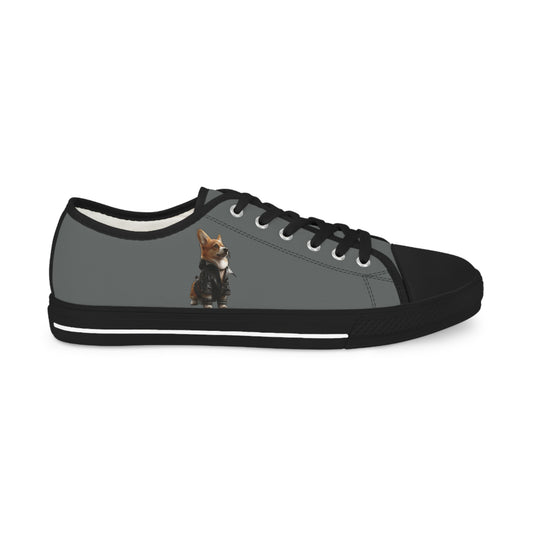 Leader of the Pack Men's Low Top Casual Charcoal Sneakers with a Leather-Clad Corgi