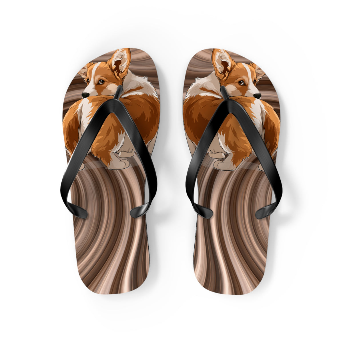 Butt What? Talk To The Butt Contemptuous Corgi Unisex Flip Flops – Comical Swirling Brown Corgi Beach Sandals