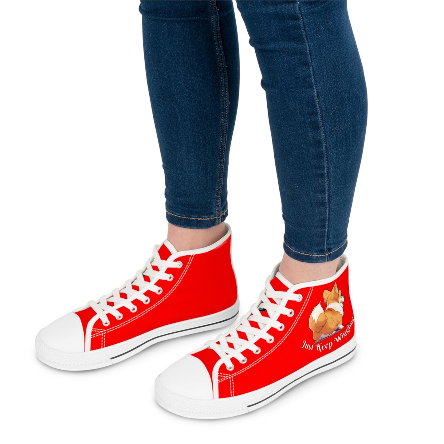 Just Keep Wiggling Women's High Top Casual Red Canvas Sneakers - Cute Corgi Illustration