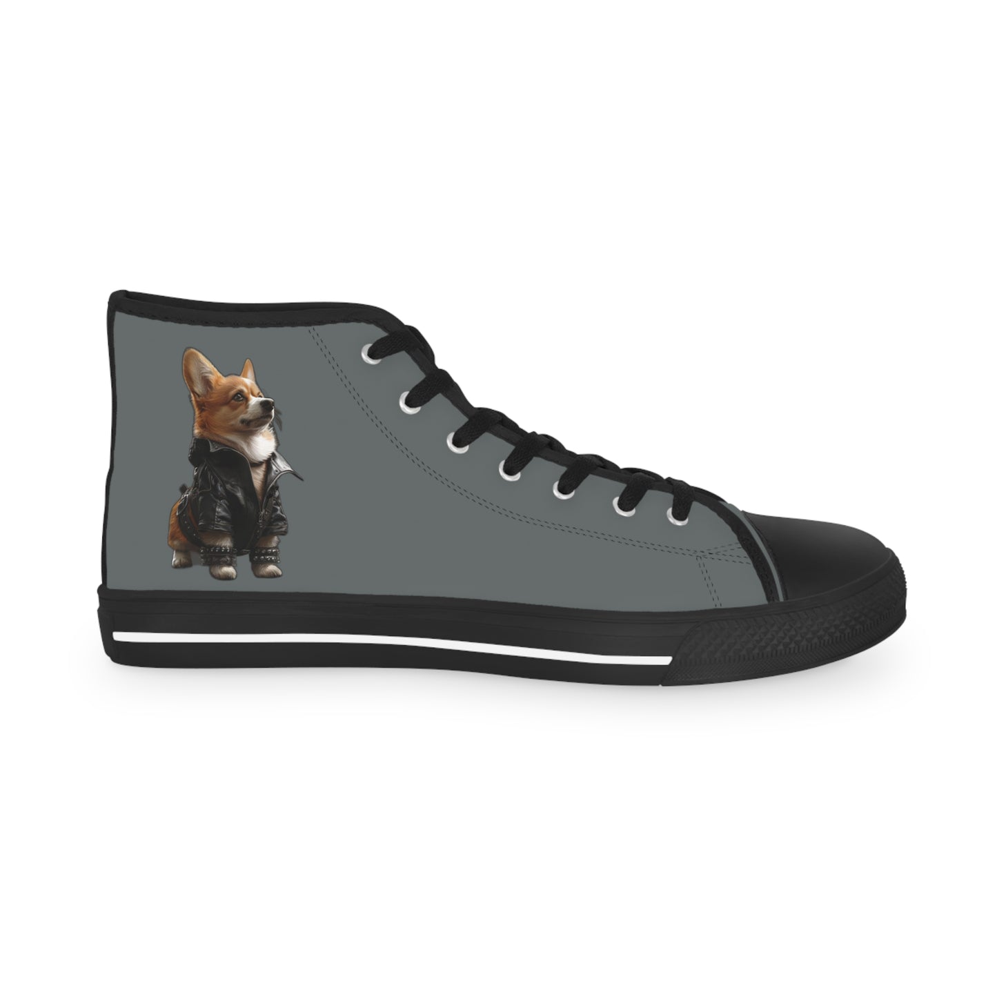 Leader of the Pack Men's High Top Casual Dark Gray Canvas Sneakers with a Leather-Clad Corgi