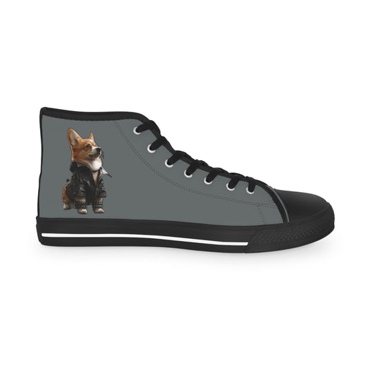 Leader of the Pack Men's High Top Casual Dark Gray Canvas Sneakers with a Leather-Clad Corgi