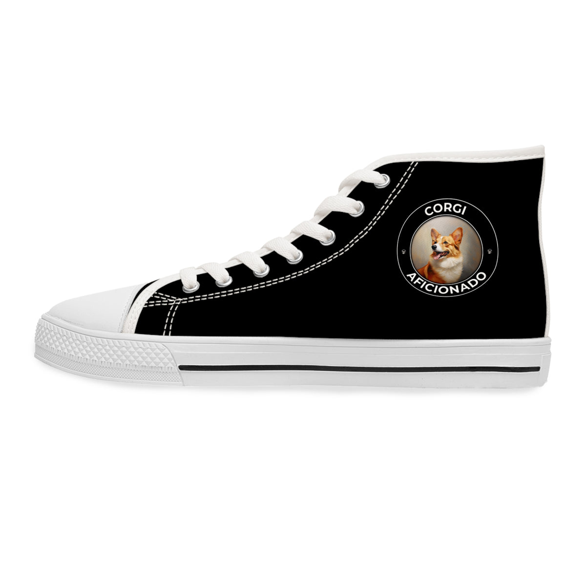 Corgi Aficionado Women's High Top Casual Black Canvas Sneakers with a Classic Corgi Portrait