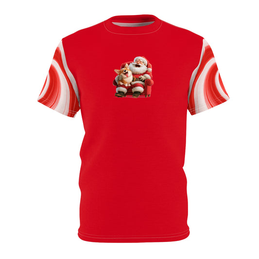 I Want a Corgi for Christmas Unisex Bold Fashion Tee - Anime Corgi on Santa's Lap on Jingle Pop Red with Candy Cane Sleeves