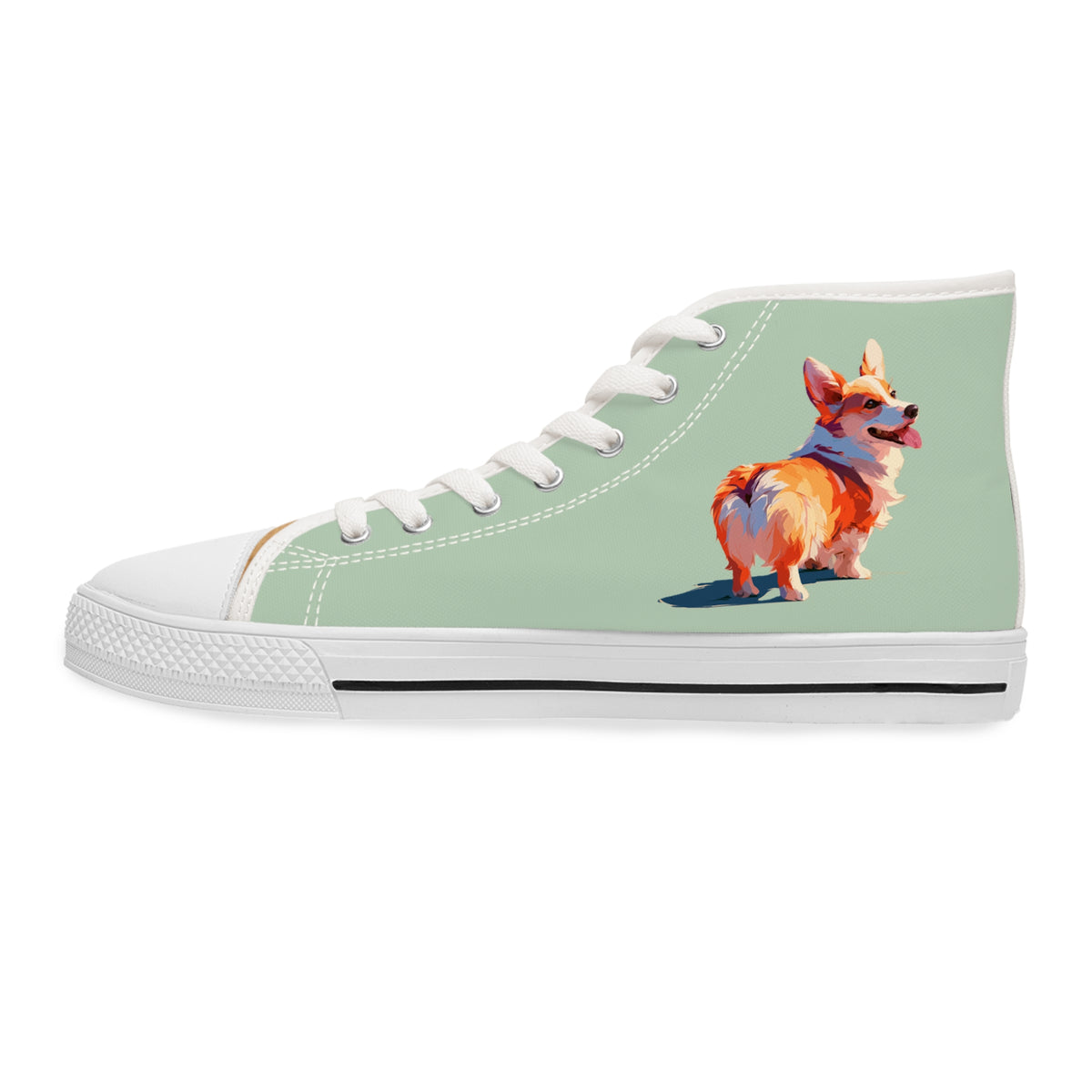 Corgi Classico Women's High-Top Sneakers - Watercolor Wiggler on Momo Mint Canvas with Flaxen Fawn Fur-Effect Tongues
