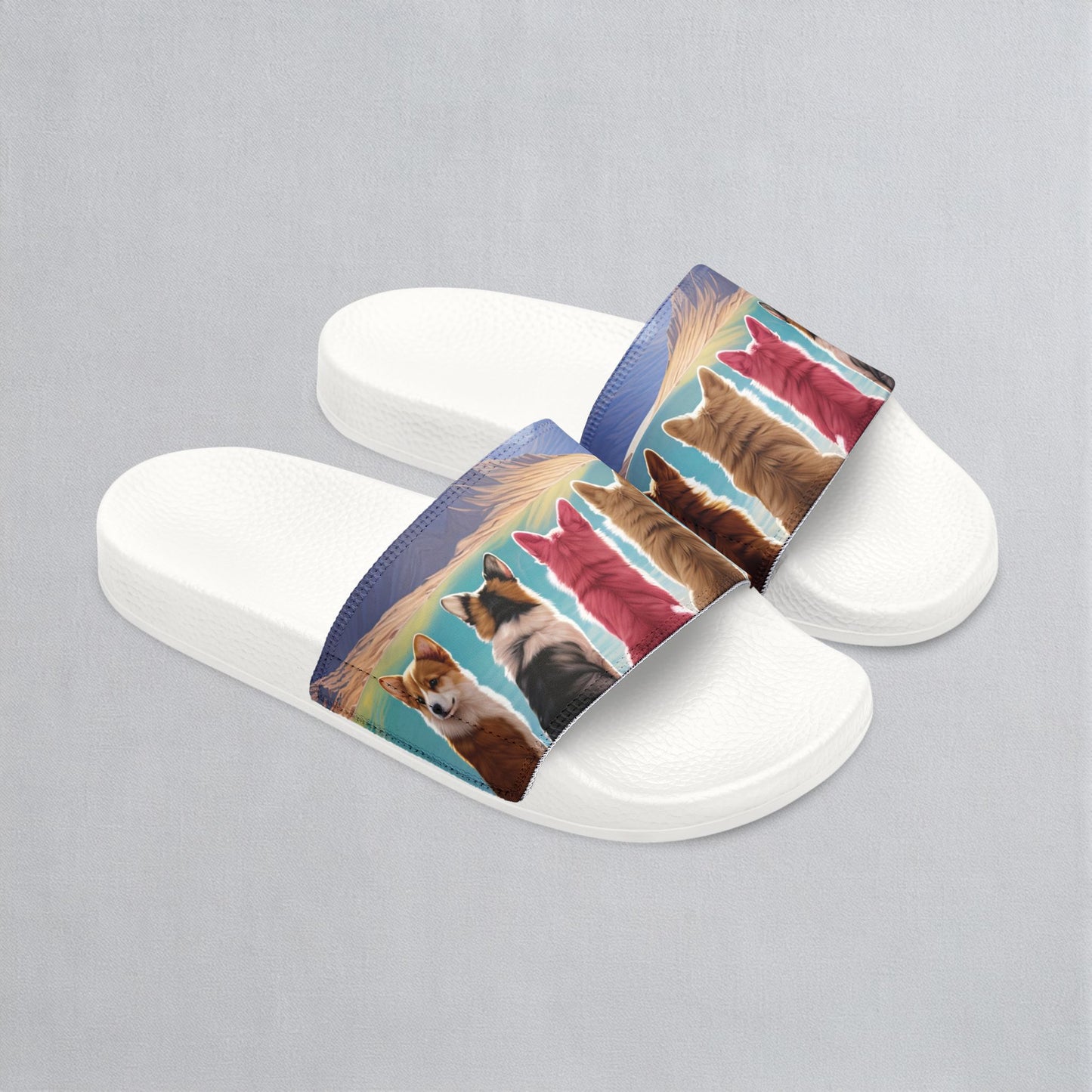 Corgi Lake Tranquil Portrait Women's Idyllic Slide Sandals - Casual Pool & Beach Slides