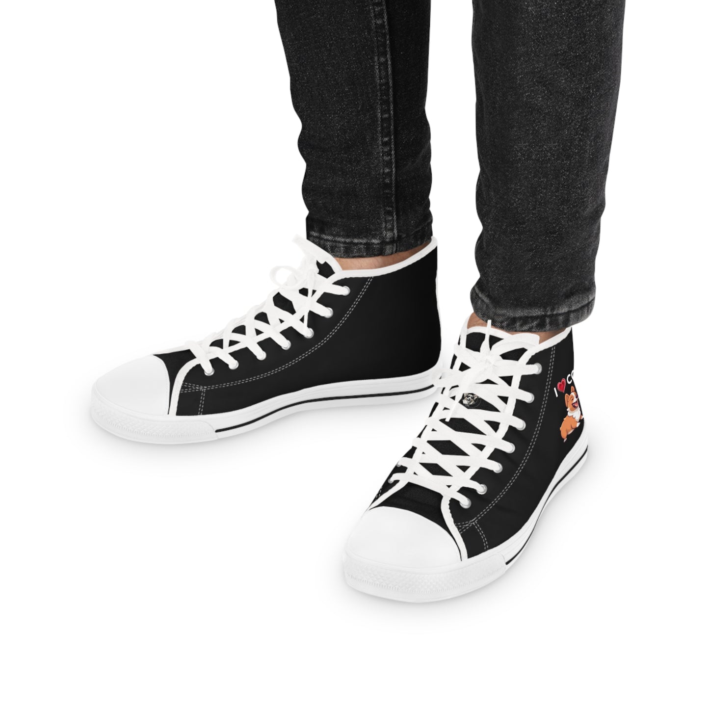 I Heart Corgis Men's High Top Casual Black Canvas Sneakers with Two Corgi Best Buds
