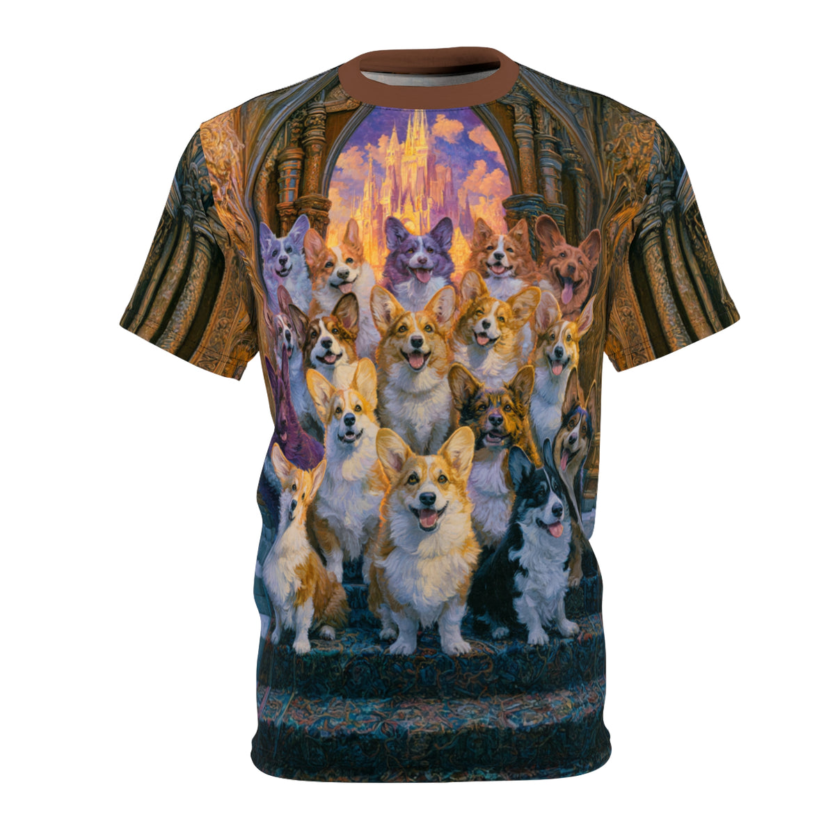 Pearly Gates Await Unisex Bold Designer Tee - Heavenly Corgis on Antique Divinity
