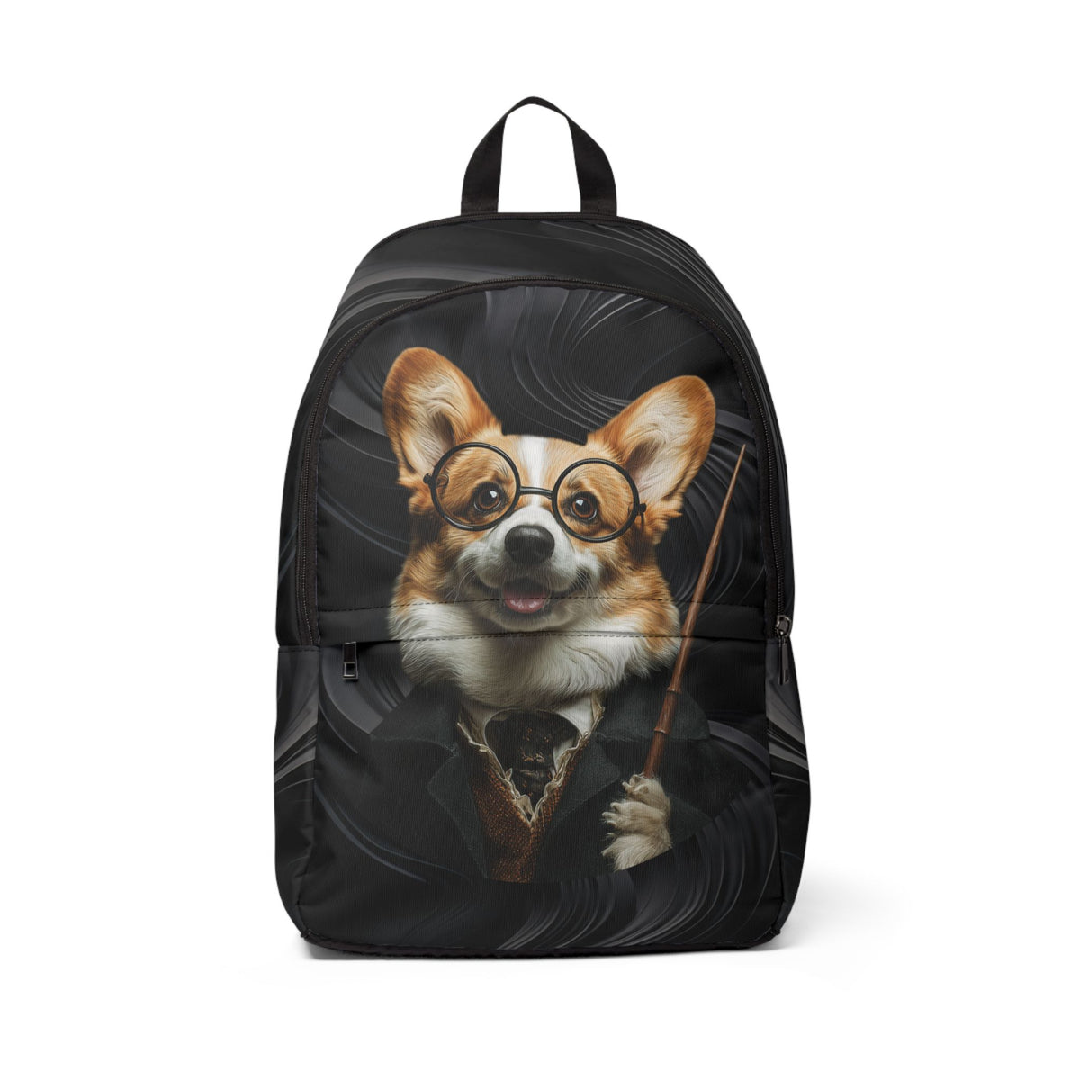 Corgi Potter Magic Wand Backpack — Black Swirl Corgi Rucksack