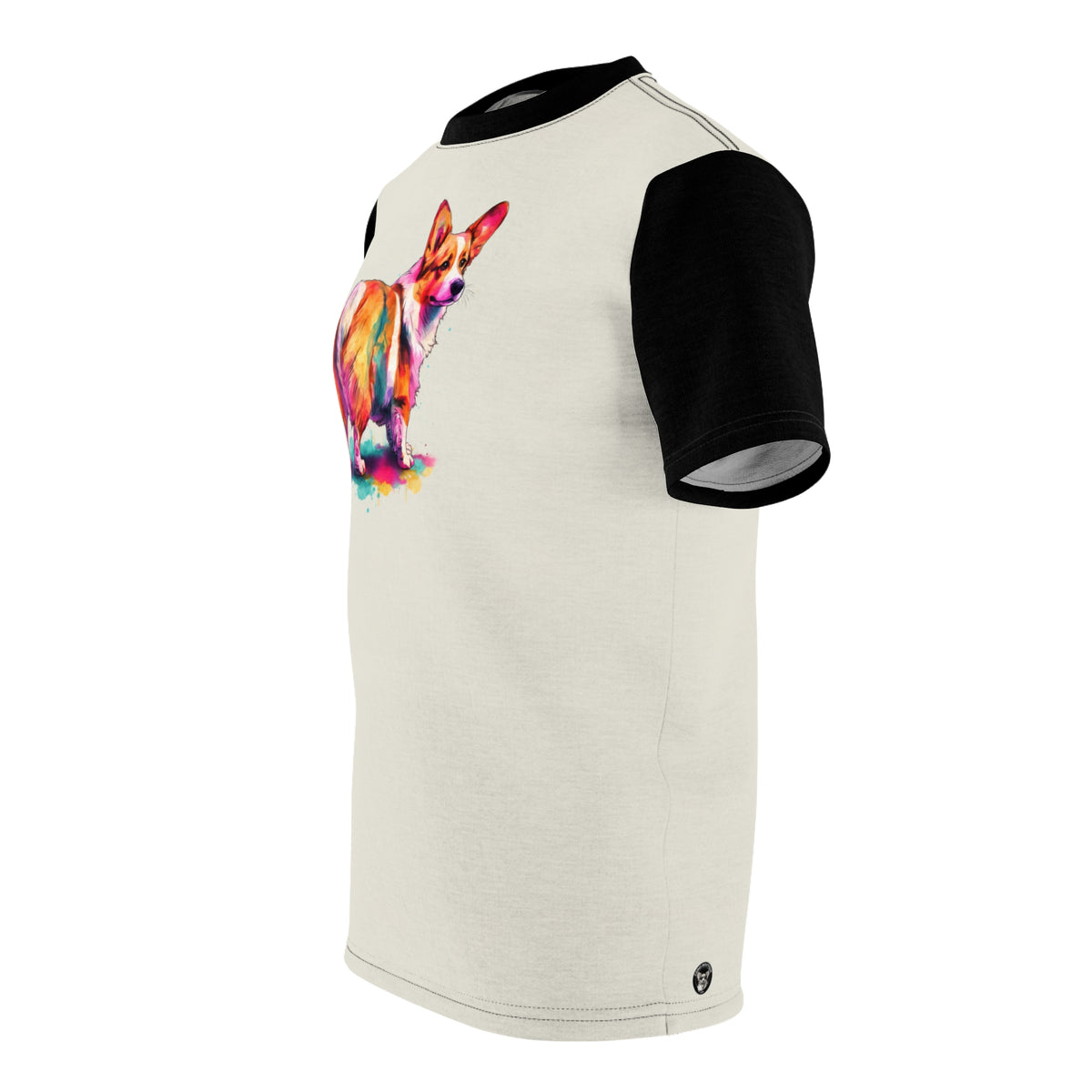 Waddle Mottle Maximized Unisex Bold Designer Tee - Watercolor Corgi on Crema with Phantom Black Sleeves