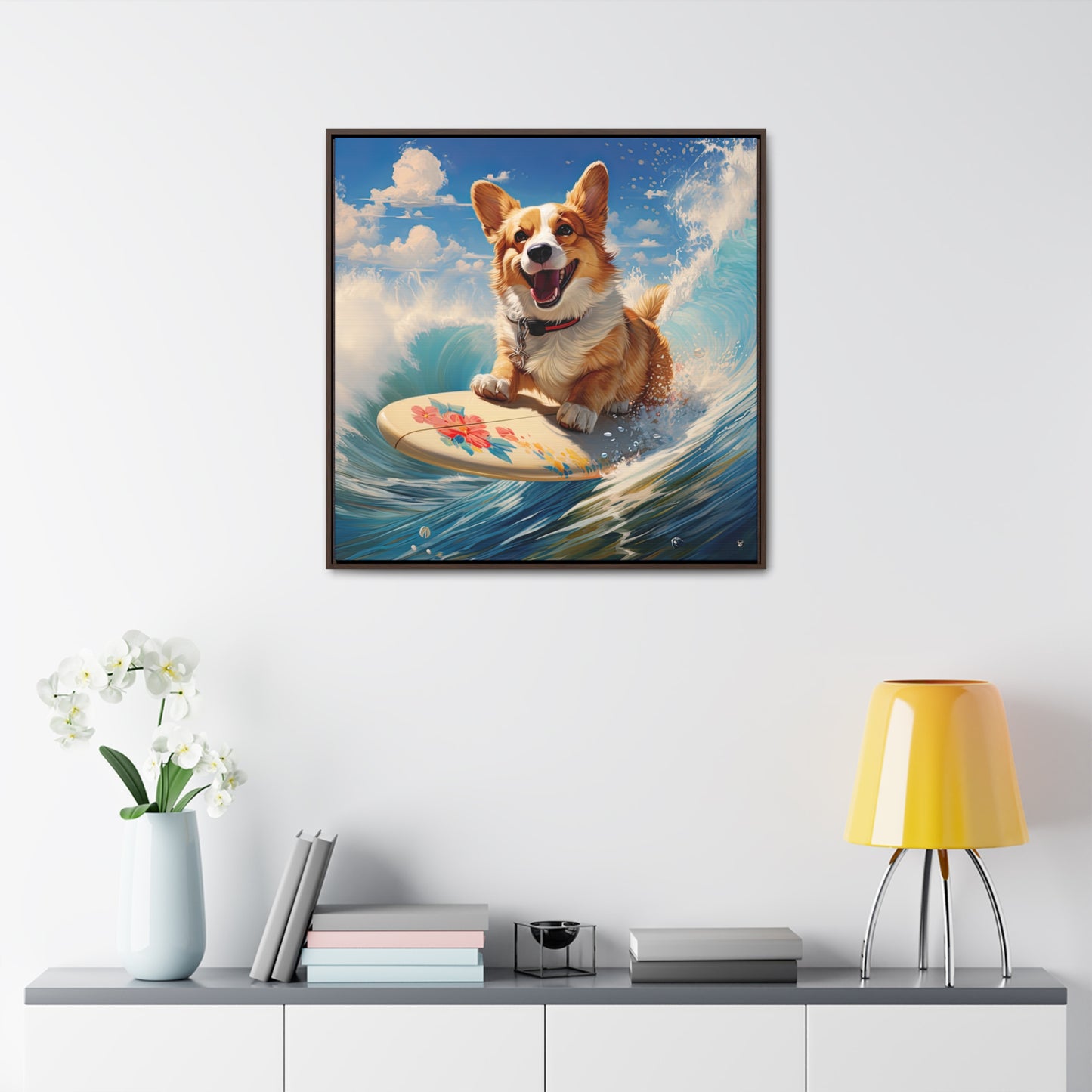 Cowabunga Corgi - Framed on Canvas