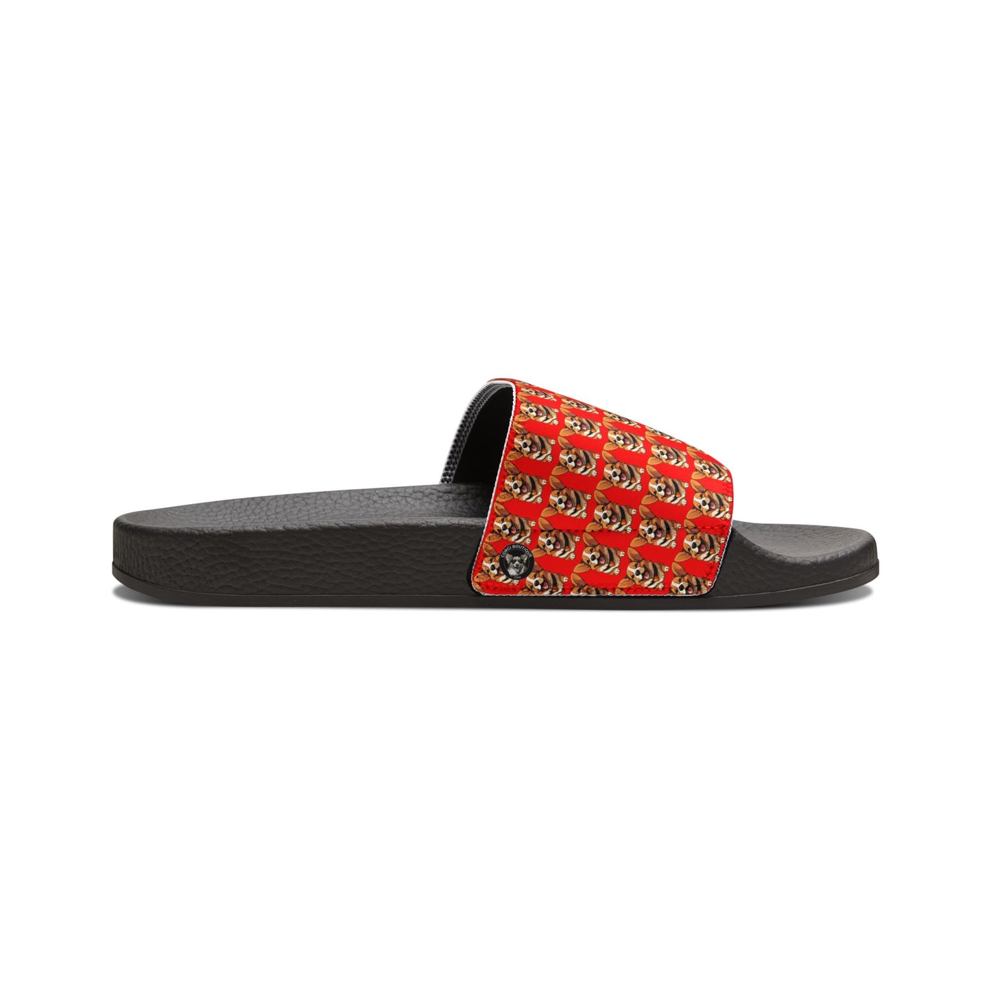 Puppy Love Smiling Corgi Mosaic Men's Red & Black Slide Sandals - Casual Pool & Beach Slides