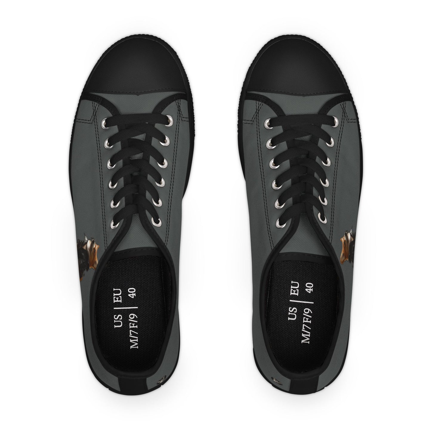 Leader of the Pack Women's Low Top Casual Charcoal Sneakers with a Leather-Clad Corgi