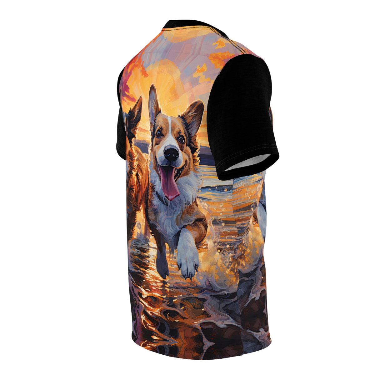 Beach Buds in the Swash Unisex Bold Fashion Tee - Corgis at the Shore with Phantom Black Sleeves