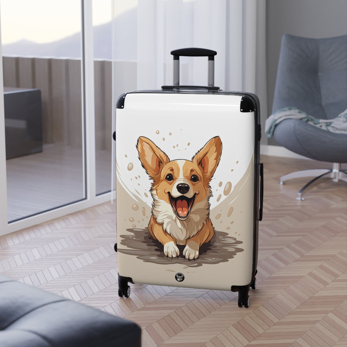 Corgi Cuteness Anime Suitcases – Beige & White Luggage for Corgi Lovers