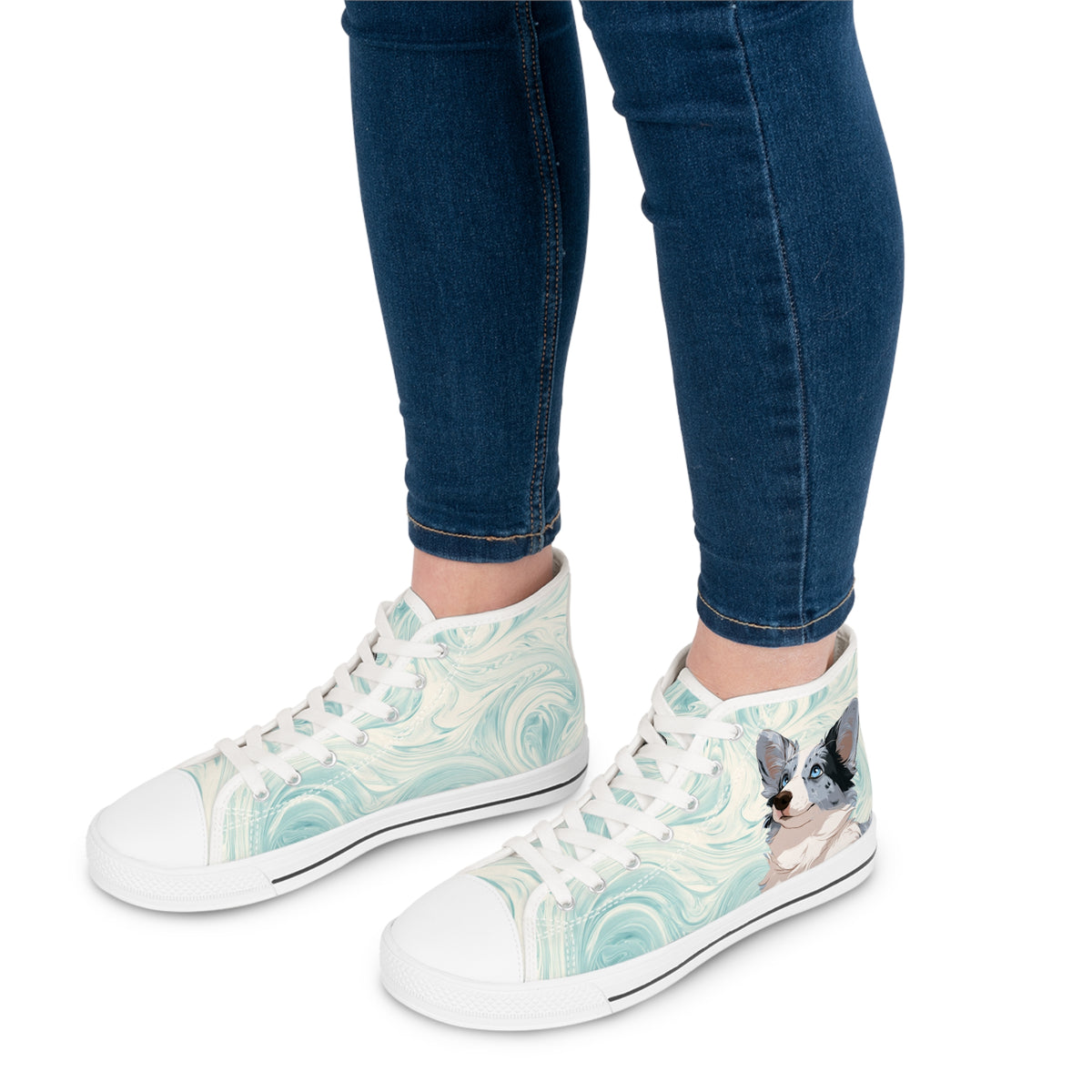 Blue Merle Majesty Women's High-Top Sneakers - Cool Blue Corgi on Swirling Aqua & Alabaster Cream Canvas