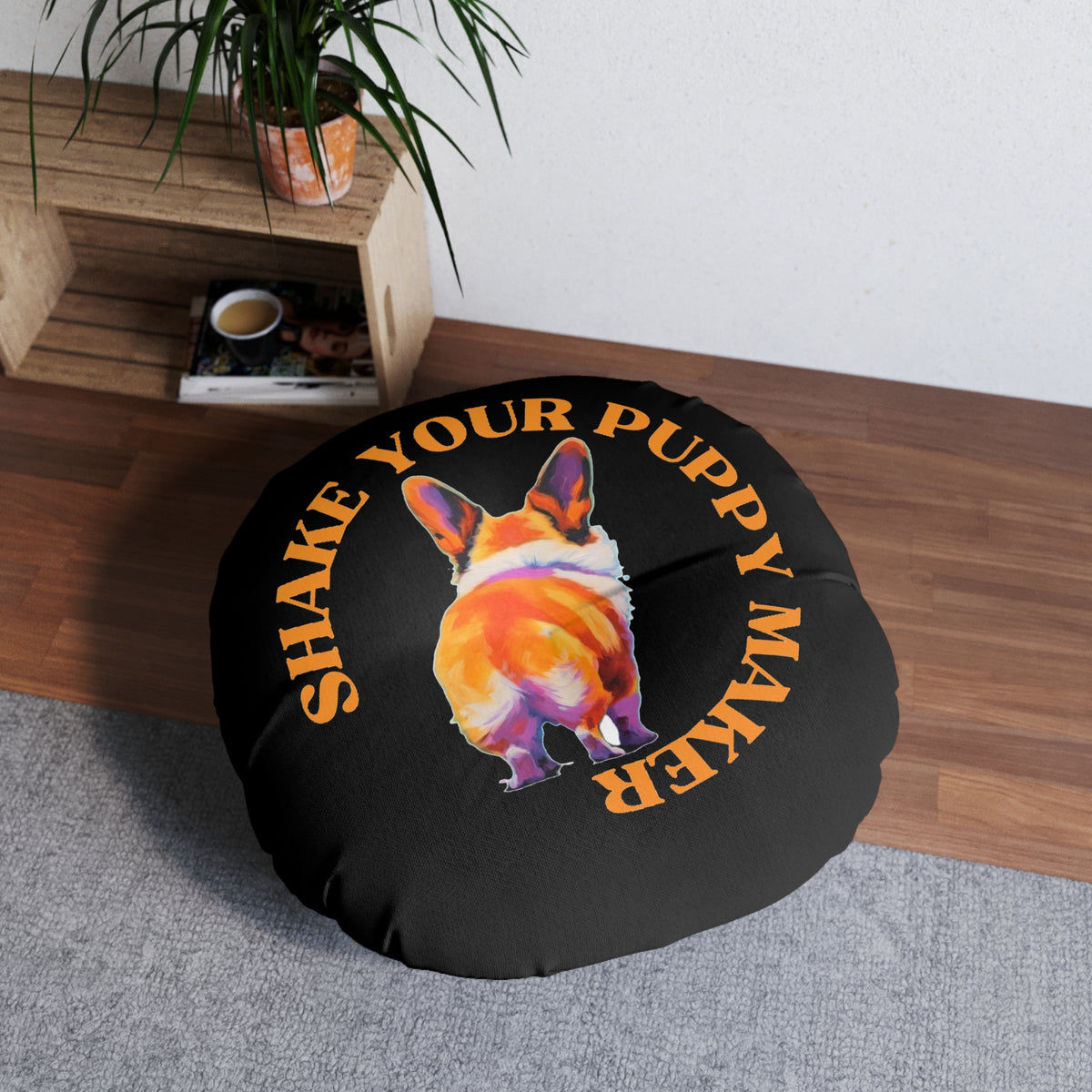Shake Your Puppy Maker Round Floor Pillow — Black Corgi Butt Accent Cushion