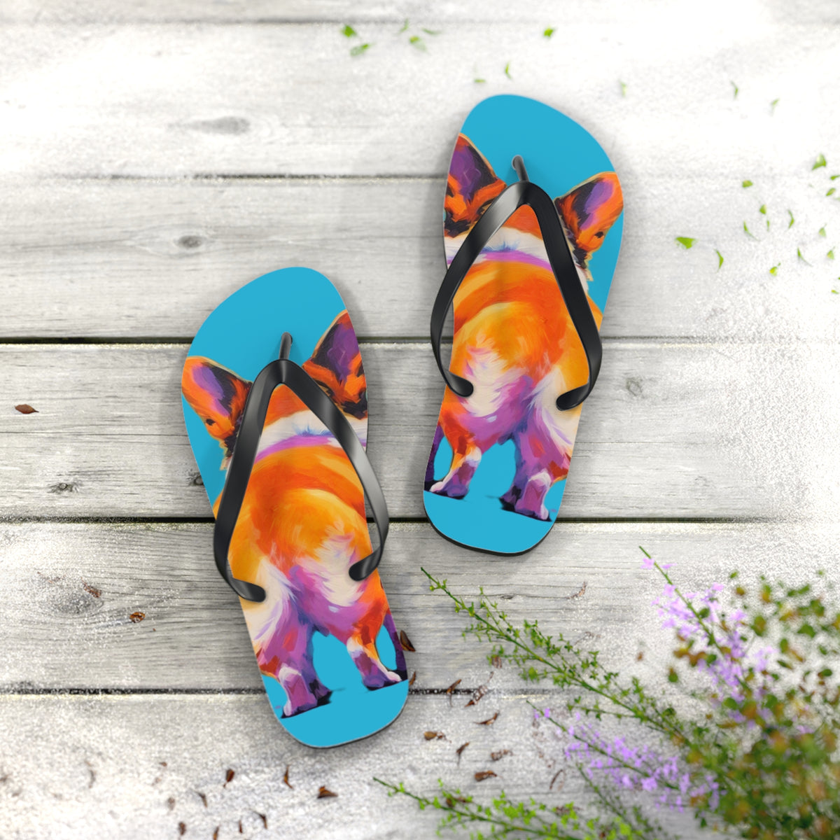 Corgi Butt Artistic Portrait Unisex Flip Flops – Blue Corgi Beach Sandals