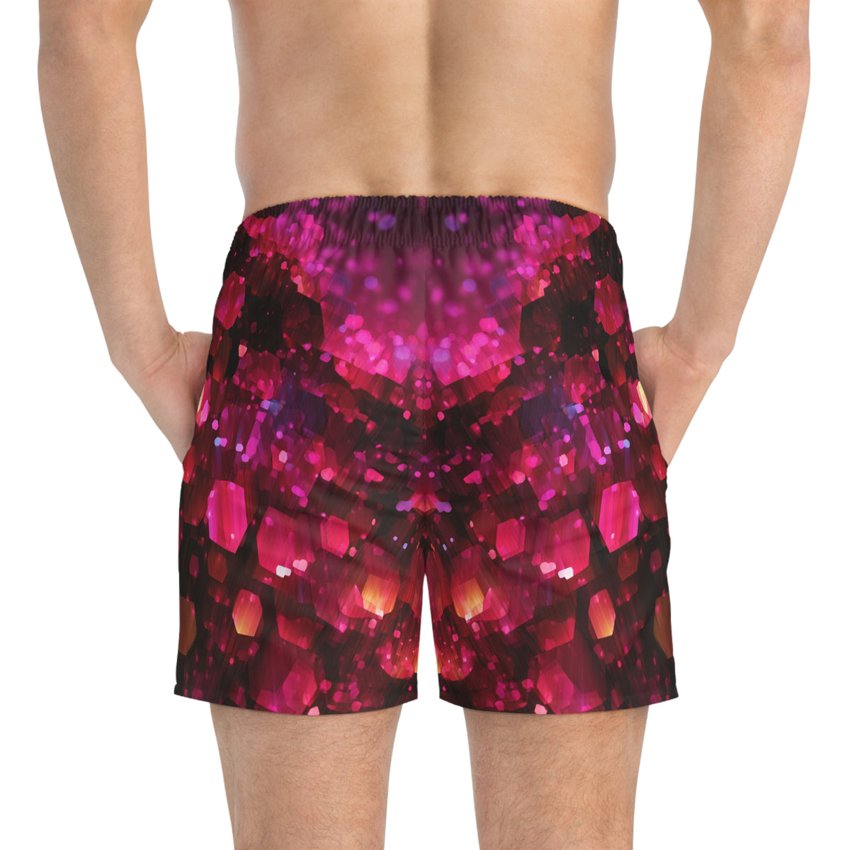 Baby Corgi Space Warrior Swim Trunks - Black Red & Purple Galaxy Glitter Swimsuit