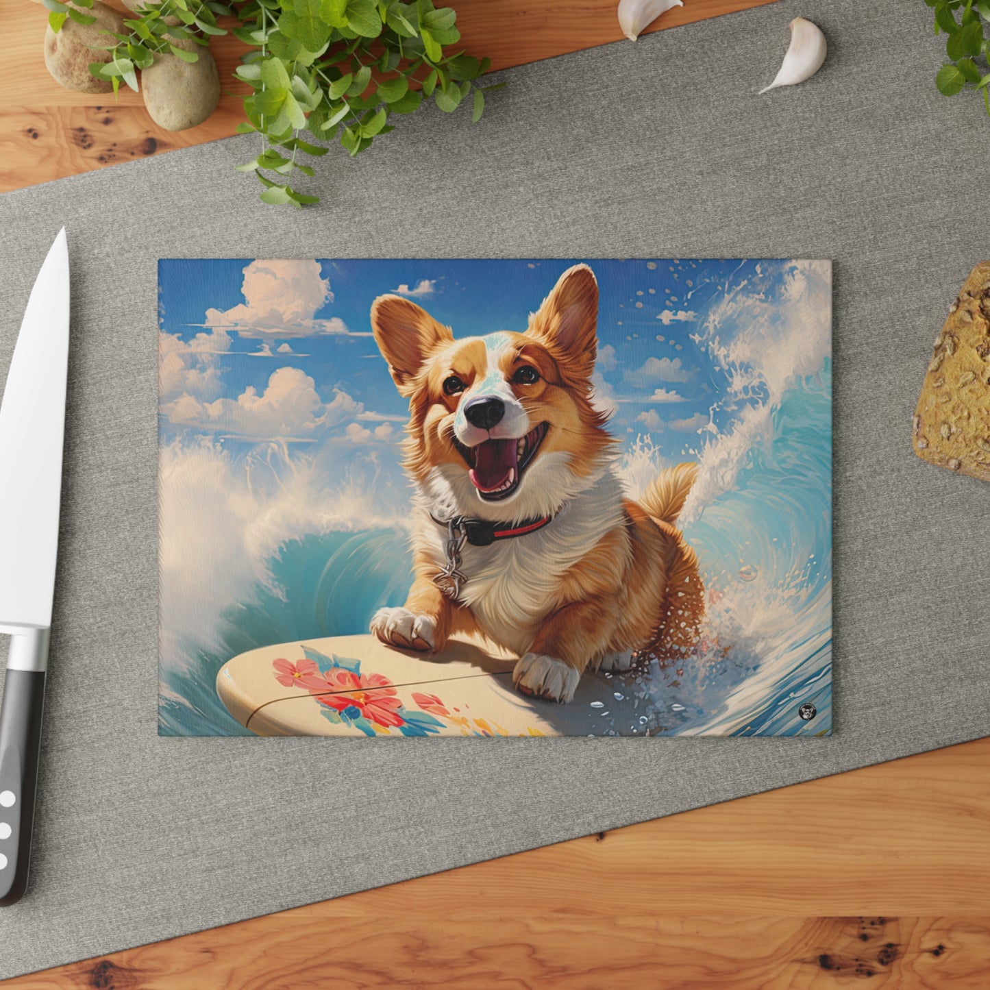Cowabunga Corgi - Glass Cutting Board