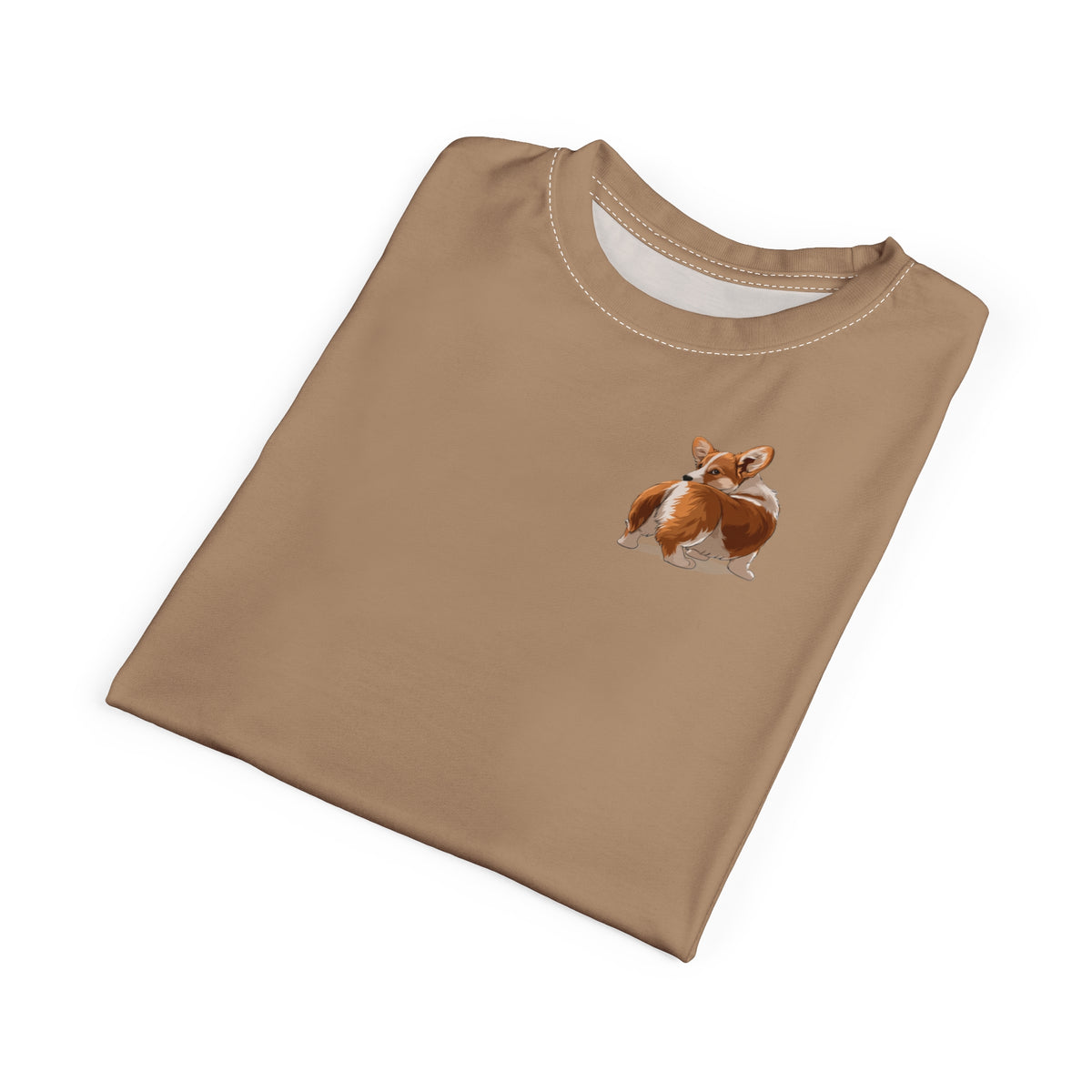 Butt What? Talk To The Butt Contemptuous Corgi Unisex Bold Designer Tee — Pembroke Pup on Latte Cream with Espresso Swirl Sleeves