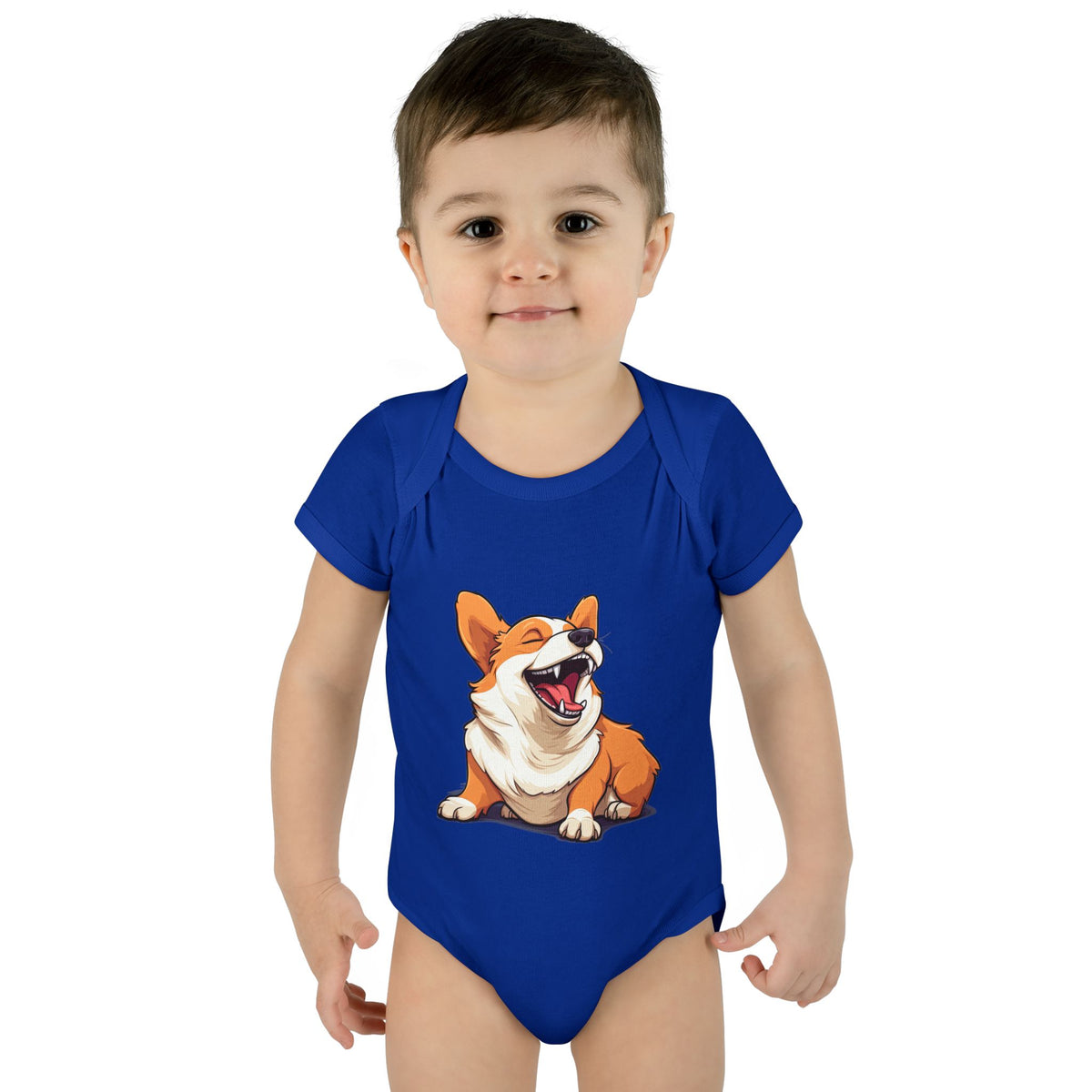 Comical Corgi All Smiles Infant Bodysuit in Blue or Pink