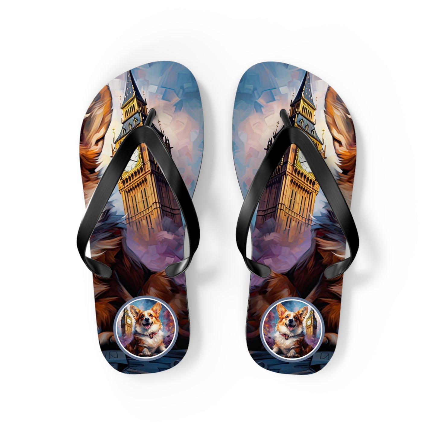Corgi & Big Ben Artistic Unisex Flip Flops — London Themed Corgi Sandals