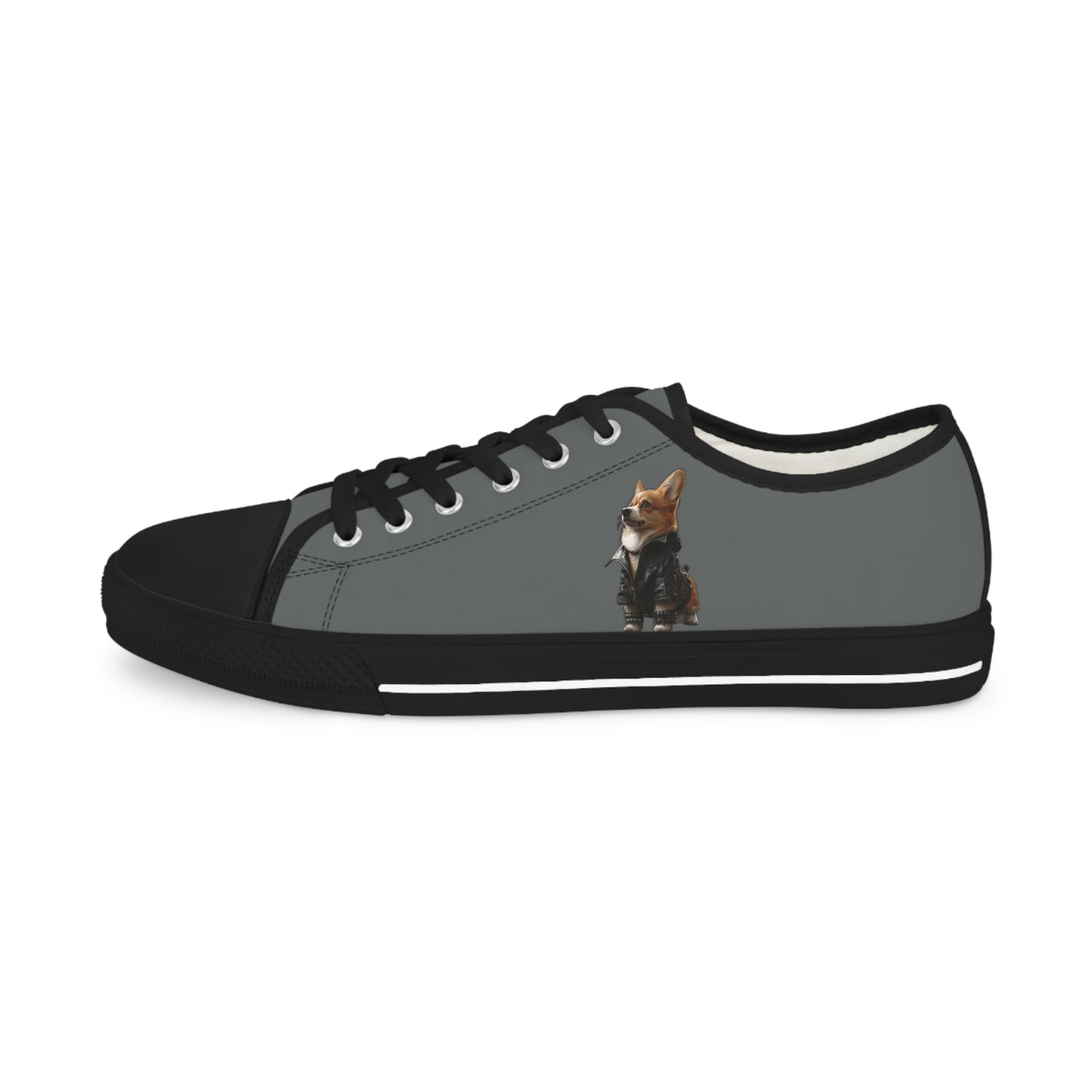 Leader of the Pack Men's Low Top Casual Charcoal Sneakers with a Leather-Clad Corgi