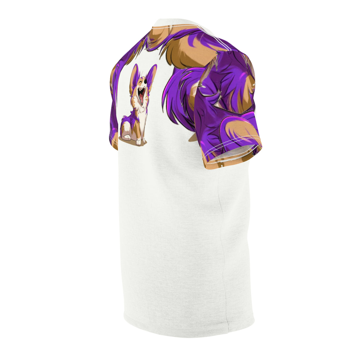 Purple Patch Unisex Bold Designer Tee — Carefree Corgi on Marzipan White with Very Violet Fur-Effect Sleeves & Shoulders