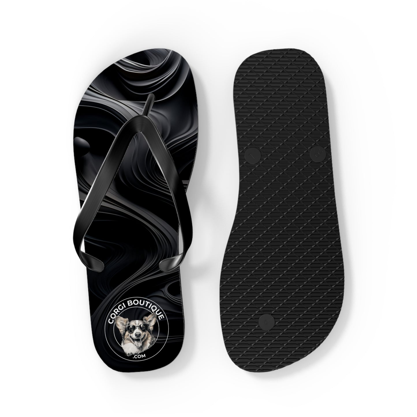 Corgi Boutique Black Swirl Flip Flops with our Custom Logo — Stylish Beach & Pool Sandals