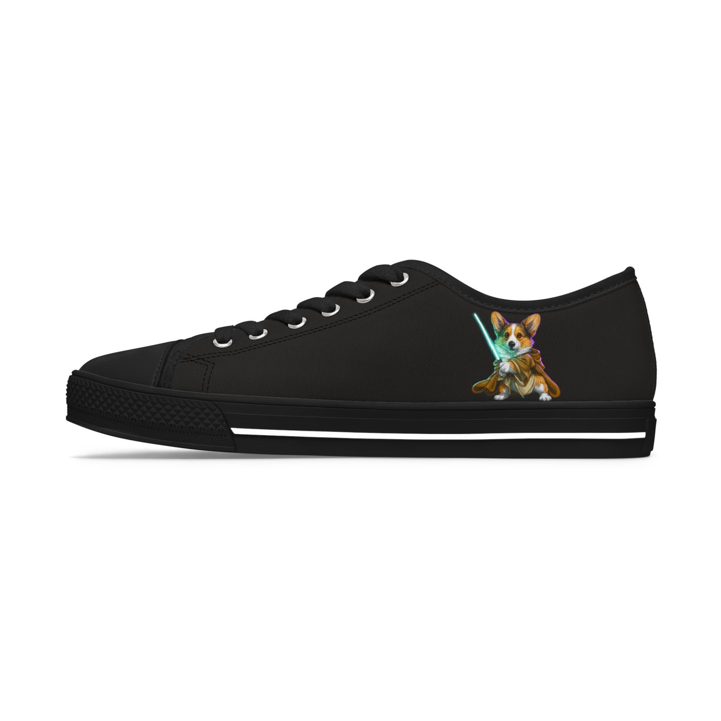Little Light Knight Corgi Warrior in Training Women's Low Top Black Canvas Sneakers