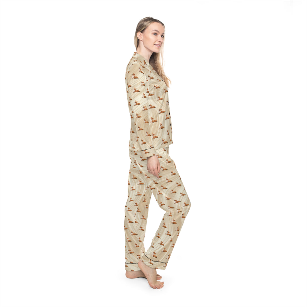 Giddy Sploot Silky Pajamas - Creamy Champagne Corgi Loungewear
